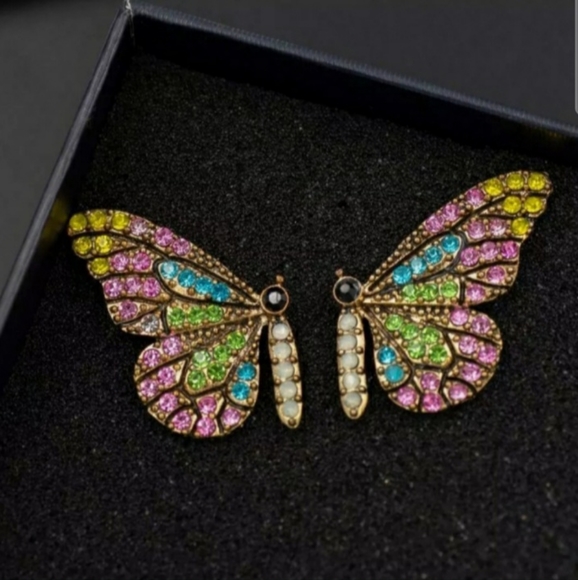 None Jewelry - SOLD M - Pink and Green Rhinestone Summer Butterfly Stud Earrings